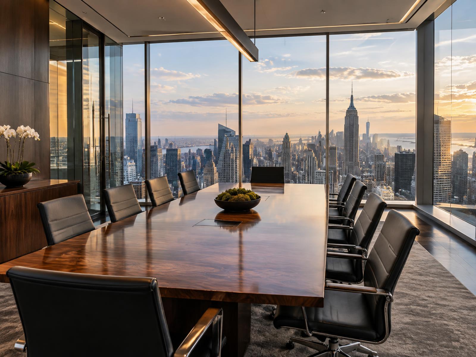 HK Corp LLC boardroom overlooking the New York City skyline